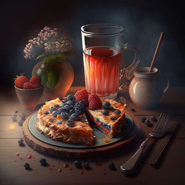 A picture of a fruit pie with a cup of tea and a glass of tea.