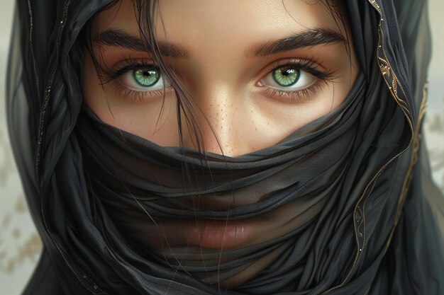 Picture Full body illustration of a veiled Muslim female with green eyes