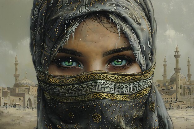 Picture Full body illustration of a veiled Muslim female with green eyes