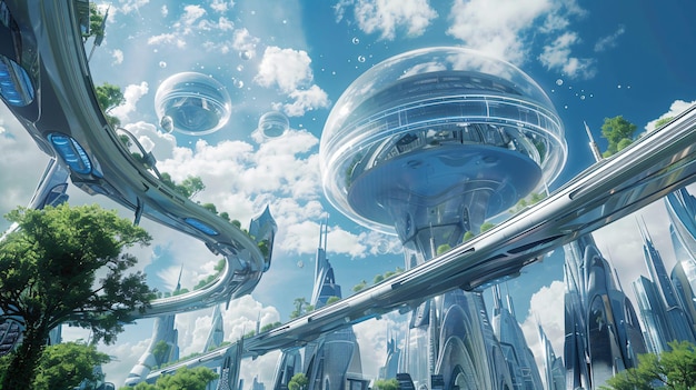 a picture of a futuristic building with a giant bubble in the middle