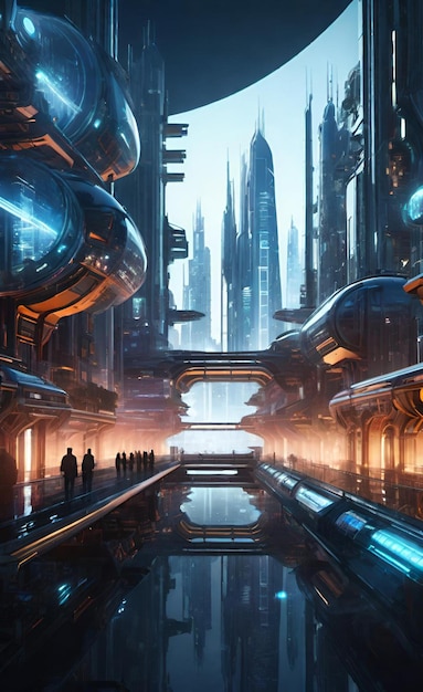 a picture of a futuristic city with a man standing in front of a building with a large building in the background