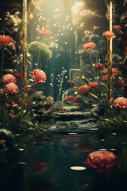 a picture of a garden with flowers and water DigitalArt painting of a Garden