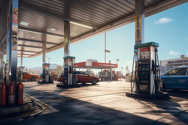 a picture of a gas station with a red car parked in front of it.