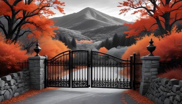 a picture of a gate that has a mountain behind it