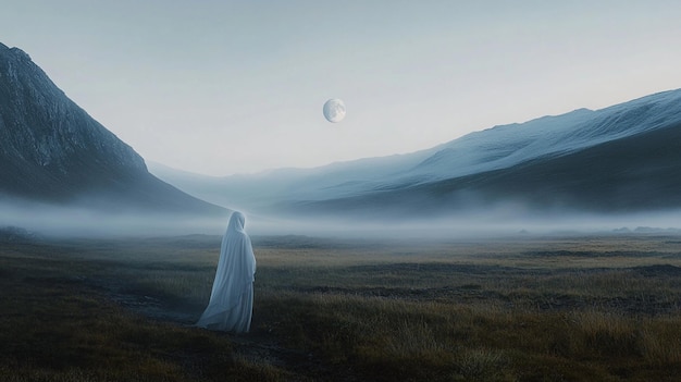 Photo a picture of a ghost in the middle of a field with a woman in a white robe