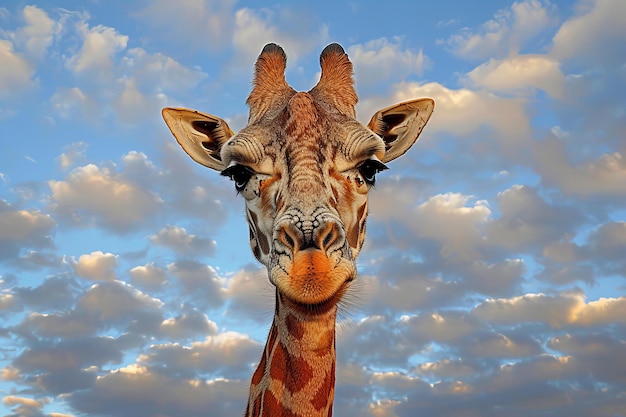 A picture of a giraffe next to a cloudy sky high quality high resolution