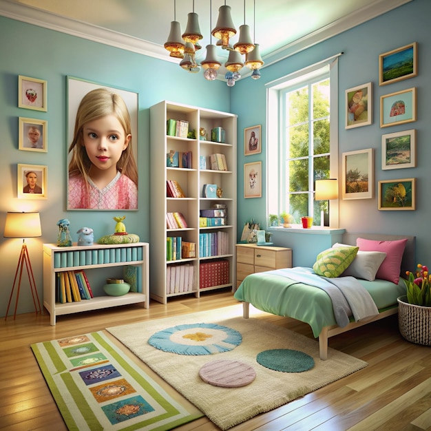 Picture of a girl book covers and design on the wall are my own images 3D rendering of a children room