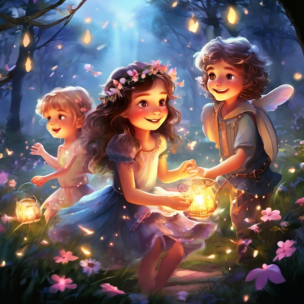 a picture of a girl and a fairy with a lantern in the background