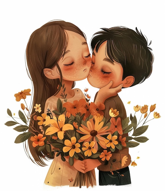 a picture of a girl kissing a boy with a bouquet of flowers