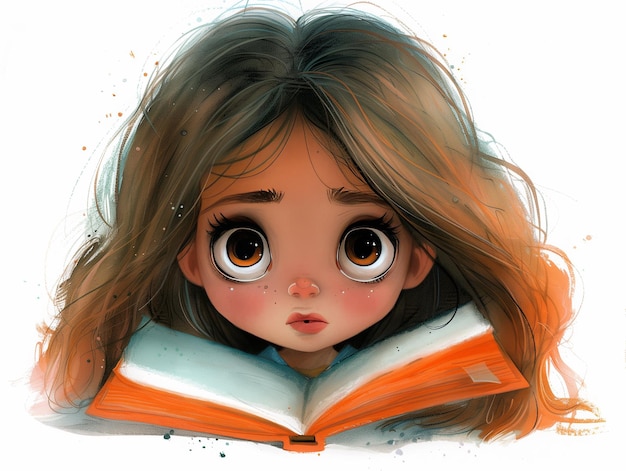 a picture of a girl reading a book called a girl with brown eyes and a brown hair