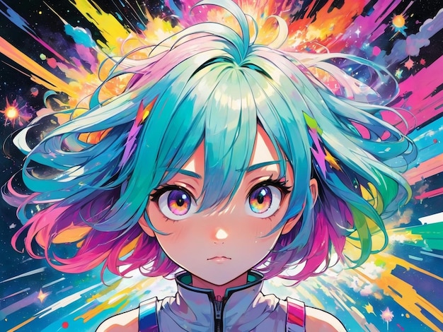 a picture of a girl with colorful hair anime girl with cosmic hair abstract art colorful explosion