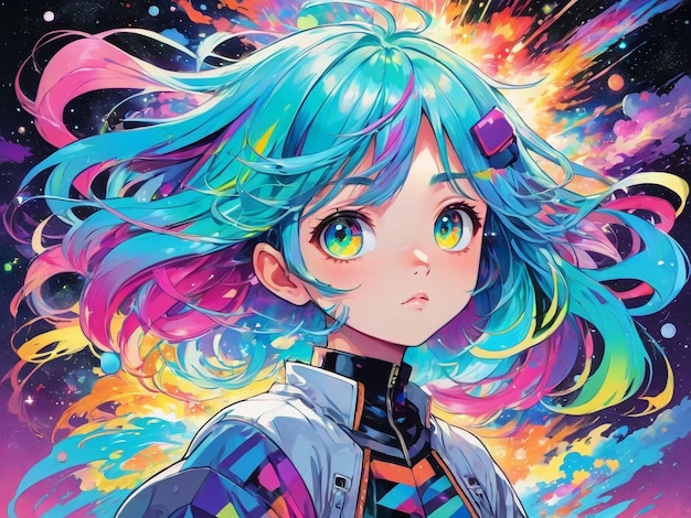 a picture of a girl with colorful hair anime girl with cosmic hair abstract art colorful explosion