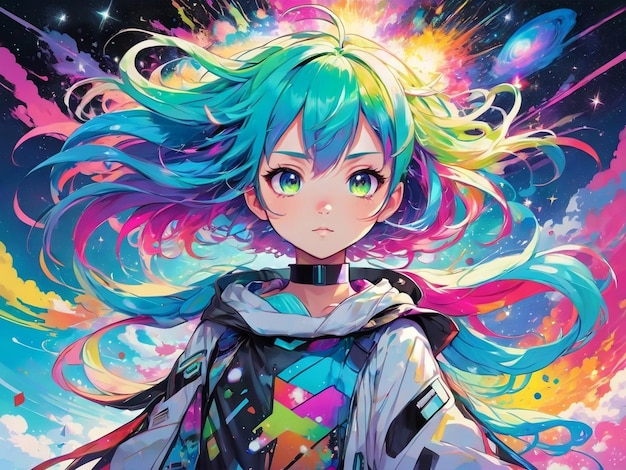 a picture of a girl with colorful hair anime girl with cosmic hair abstract art colorful explosion