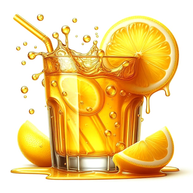 a picture of a glass of orange juice with a lemon wedge in it