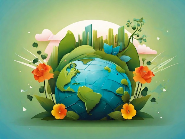 a picture of a globe with flowers and a city in the background