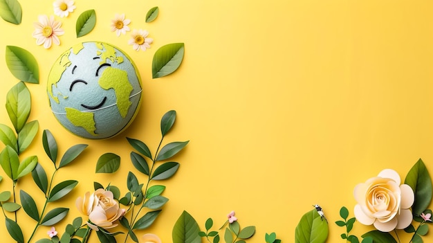 a picture of a globe with flowers and a yellow background