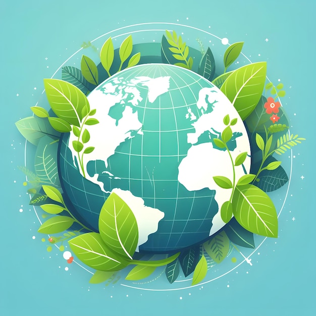 a picture of a globe with a green plant and a blue background