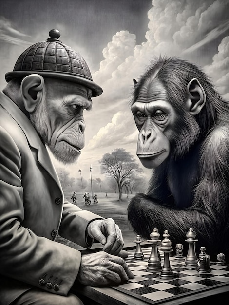 a picture of a gorilla playing chess with two other men playing chess