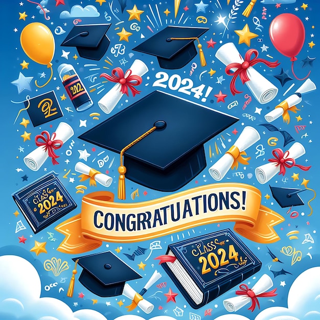 a picture of a graduation party with a blue background with the words congratulations