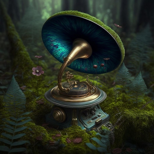 A picture of a gramophone with a green mushroom on it.