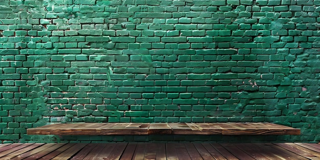 Picture Green brick wall with empty shelf product display background wooden platform