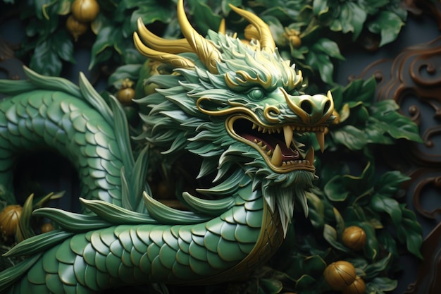 A picture of a green dragon statue mounted on a wall Suitable for fantasythemed designs or decorations