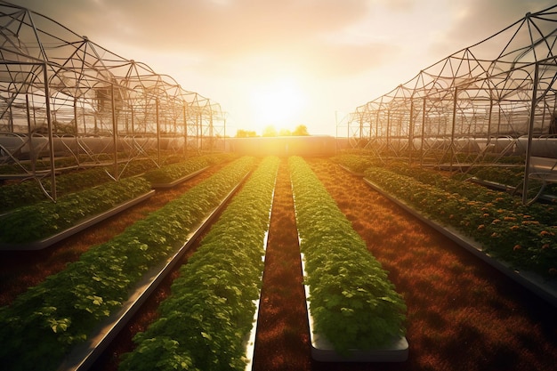 A picture of a greenhouse with a sunset in the background.