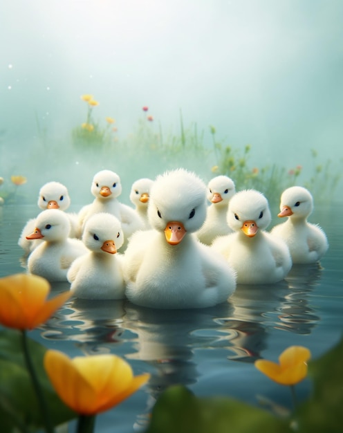 A picture of a group of ducks floating in a lake with flowers and a sky background.