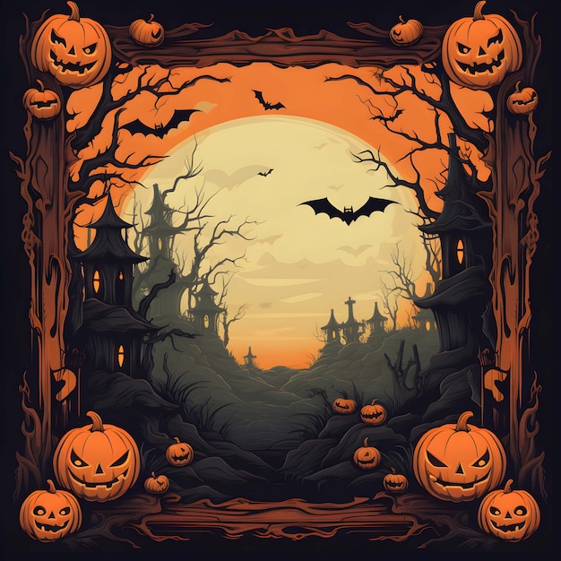 a picture of a halloween scene with pumpkins and bats