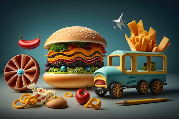 A picture of a hamburger and a blue van with a blue background.