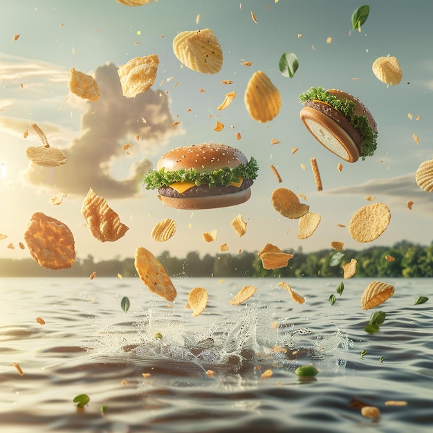 Photo a picture of a hamburger and chips with the word burger on it