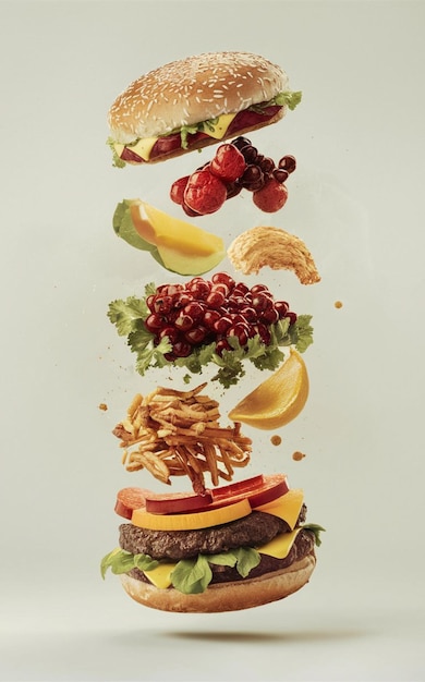 a picture of a hamburger and some fruit and a picture of some fruit