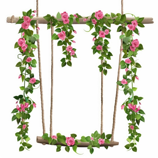 a picture of a hanging flower and rope with pink flowers