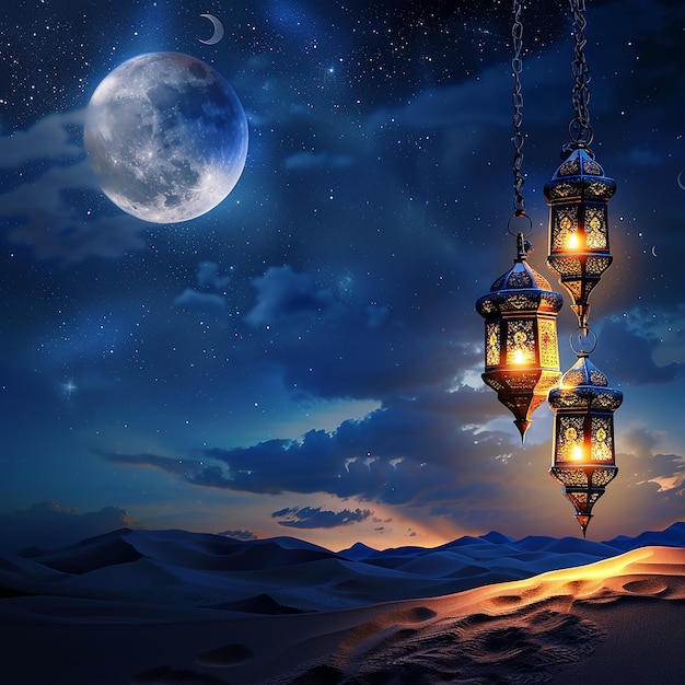 a picture of a hanging lantern with the moon in the background