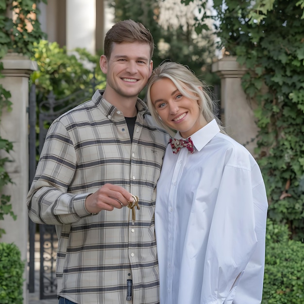 Photo picture of a happy couple holding a set of keys in front of a beautiful home