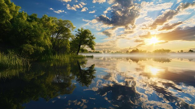 The picture has a beautiful bay drowning in the warm rays of the morning with clouds reflected i