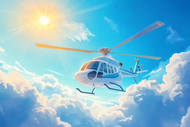 a picture of a helicopter flying in the sky with the sun behind it