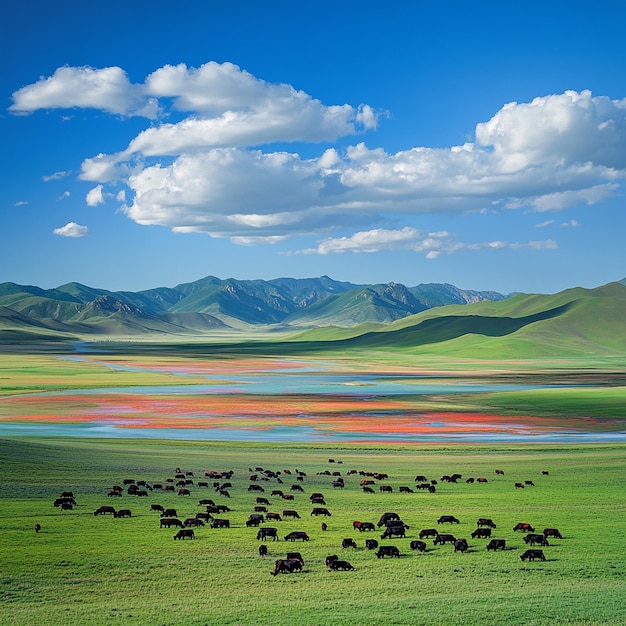 a picture of a herd of animals in a field with mountains in the background