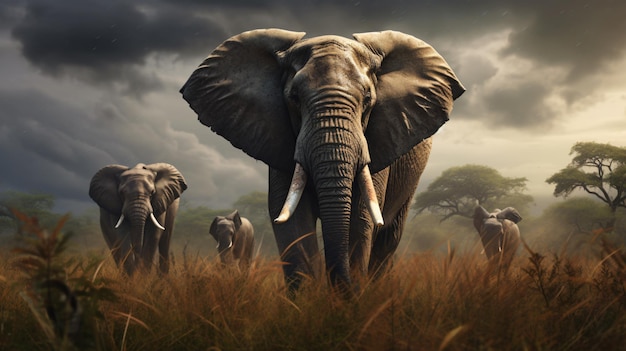 a picture of a herd of elephants in the wild with a dark sky behind them