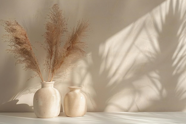 Picture highlighting minimalist composition of two ceramic vases with dried pampas grass on a white