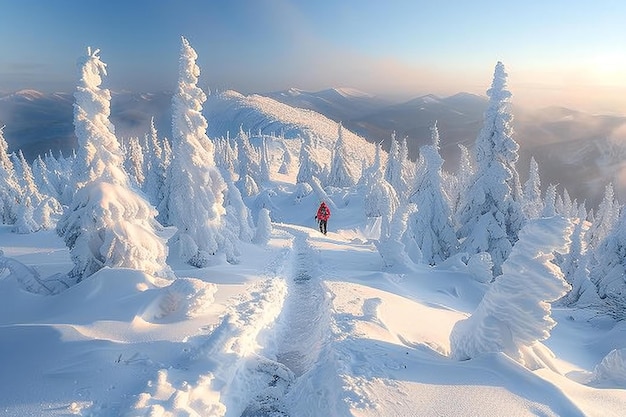 Picture Hiker in snowy Karkonosze mountains serene winter landscape with pine forests and distant p