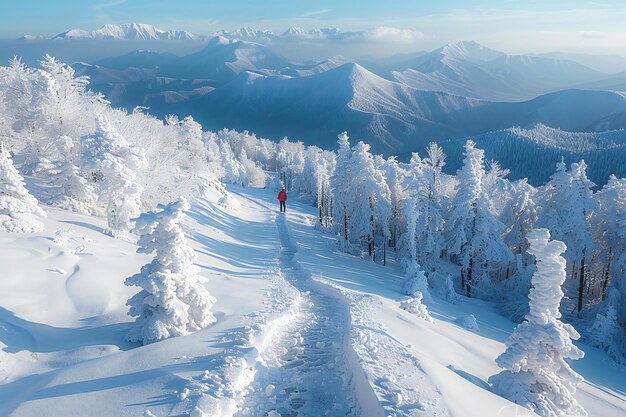 Picture Hiker in snowy Karkonosze mountains serene winter landscape with pine forests and distant p