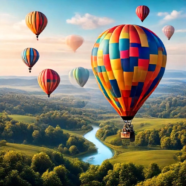 a picture of a hot air balloon with many colorful balloons above it