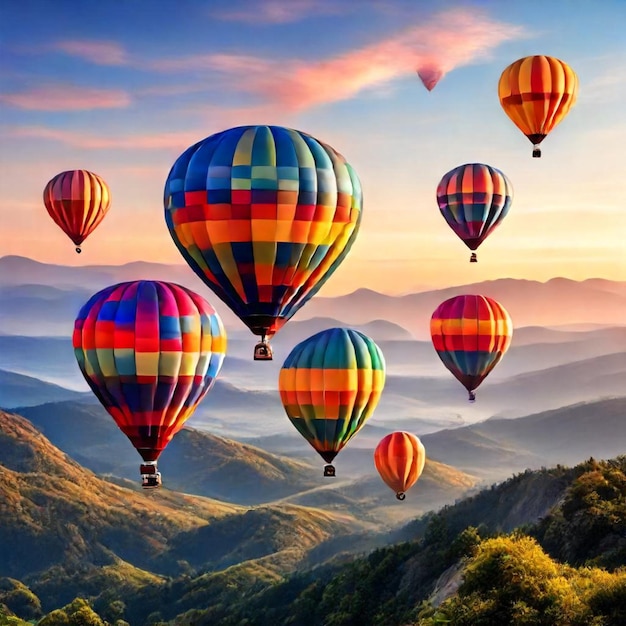 a picture of hot air balloons with mountains in the background