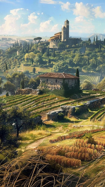 a picture of a house on a hill with a vineyard in the background