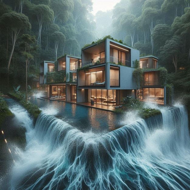 a picture of a house that has a waterfall in the background