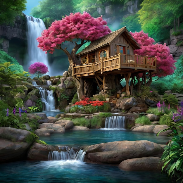 a picture of a house and waterfall with a waterfall in the background