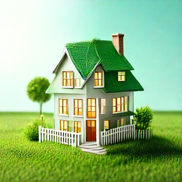 a picture of a house with a green roof and a white fence