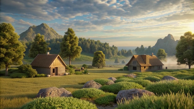 a picture of a house with a mountain in the background