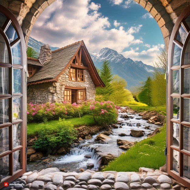 a picture of a house with a waterfall and a mountain in the background